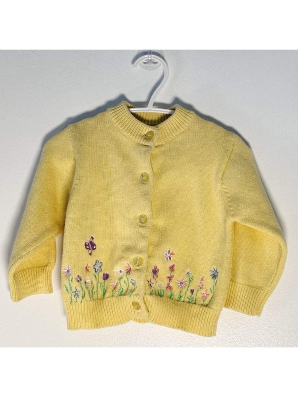 Vintage 90s Cherokee Embroidered Floral Pastel Yellow Cardigan 100% Cotton 12M